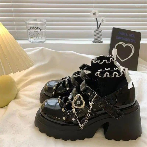 Zapatos de vestir Lolita Plataforma Mujer en tacones Mujeres 2023 Loli Tacón grueso Kawaii Lindo Cosplay Mary Janes Hebilla de corazón