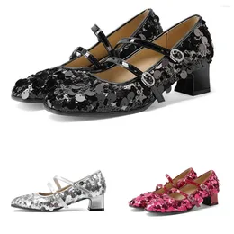 Dress Shoes Lolita Sequins Spring Party Black Silver Round Round Teen Pumps Middle Heel trouwen Janes Kawaii Fashion Sandals For Women
