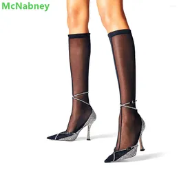 Dress Shoes Long Mesh Design Rhinestone Pumps 2024 Sexy Cross-Tied Enkle Buckle Riem Boots for Women Pointed Toe Stiletto Fashion