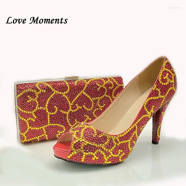 Chaussures habillées Love Moments Peep Toe Red Gold Crystal Chaussure de mariage avec sacs assortis Bride Party and Fish Ladies