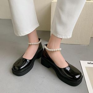 Chaussures habill￩es lucyever perle de cheville mary janes janes femme brevet cuir talons carr￩s ￩pais pompes femme classique noir japonais jk