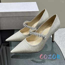 Zapatos de vestir Lujoso Brillo dorado claro Punta puntiaguda Cadena de cristal Correa de viaje delantera Tacones altos Toda la temporada Noche formal Mujer