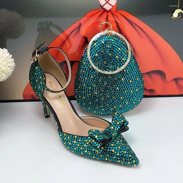 Chaussures de robe de luxe en cristal de mariée et sac femme fête soirée talon fin pompes hautes noeud papillon sarcelle bleu cristal chaussure