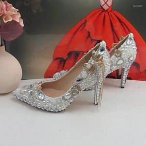 Robe chaussures luxe cristal mariage mariée femme mode talon mince femmes fête bout pointu pompes hautes perle de verre à la main