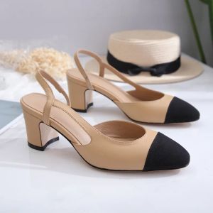 Jurk kanaal schoenen luxe designer mode dikke hak slingbacks sandalen voor vrouwen ballet platte bootschoen abrikozenzool Franse lage platte echt leer