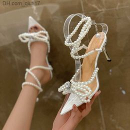 Chaussures habillées de luxe diamant perle femmes pompe mode PVC transparent bride à la cheville Sexy fête talons hauts printemps/été chaussures de bal de mariage Z230804