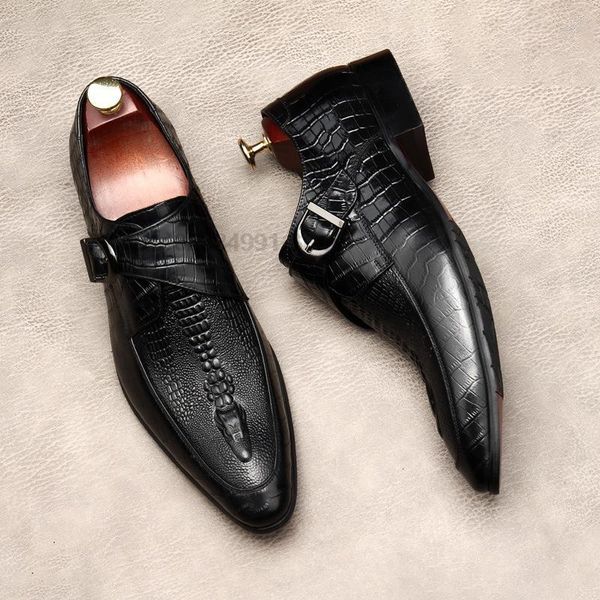 Zapatos de vestir de lujo de cuero genuino hombres monje correa negro ala punta cocodrilo patrón mocasines para hombre boda oficina