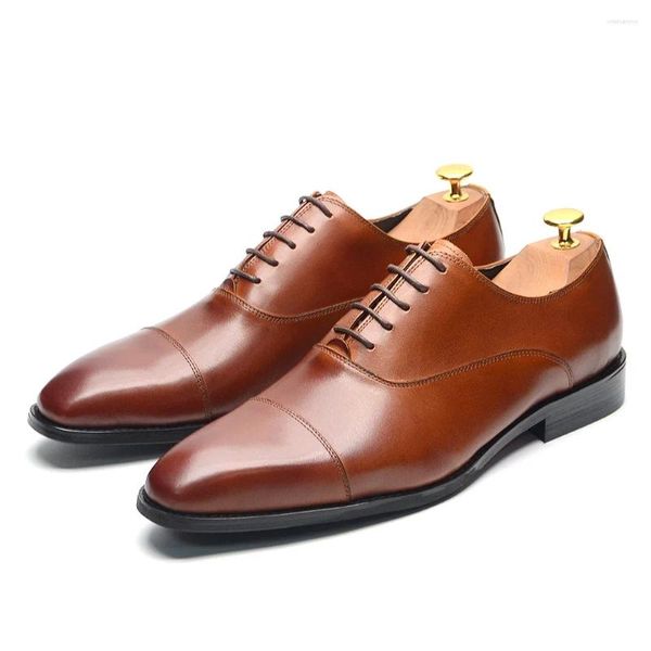 Zapatos de vestir de lujo hechos a mano hombres de cuero genuino todo marrón tapa del dedo del pie Oxford encaje hasta la oficina de negocios boda formal