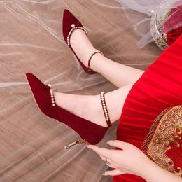 Zapatos de vestir de lujo de tacón alto de mujer 2023 otoño rojo boda mostrar he perla decoración zapatos de mujer traf