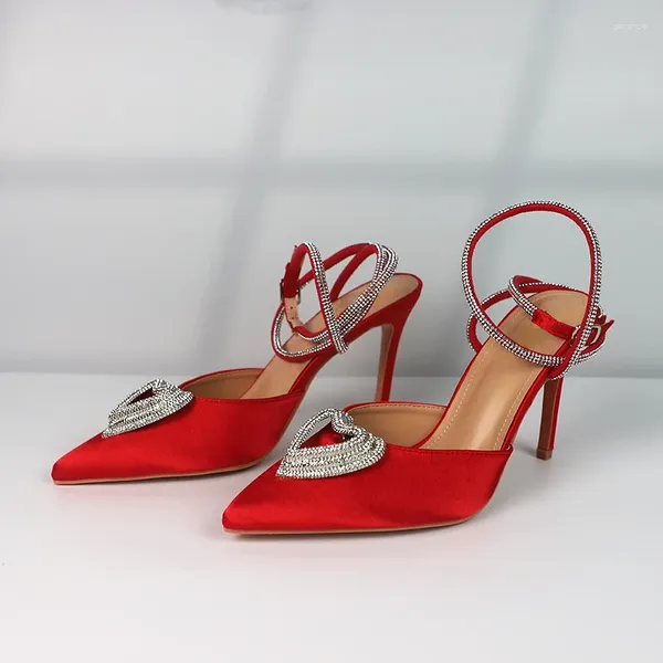 Robe chaussures luxe haut talon femmes sandales bling strass en forme de coeur élégant soirée slingback stiletto dames rouge mariage