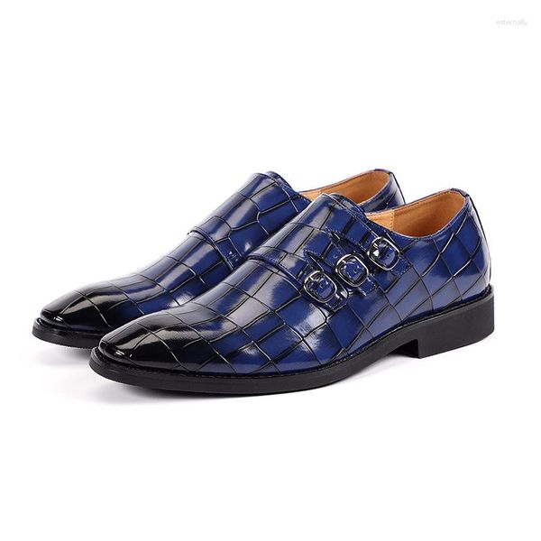 Zapatos de vestir mocasines de lujo de los pies puntiagudos oxford de patente para la boda formal hebilla azul