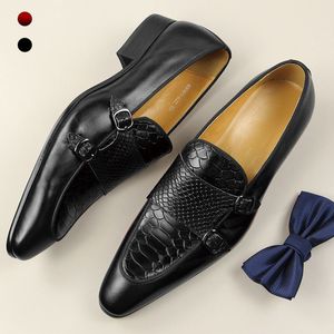 Kleding schoenen luxe man pak voor bruiloft elegante heren jurk schoenen loafers slanghuid klassiek rood en zwart casual zakelijke monnik band 230817