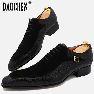 Dress Shoes Luxury Men Ox Lace Up Split Toe Coffee Black Formele Suede Patchwork Prints Leather 230224