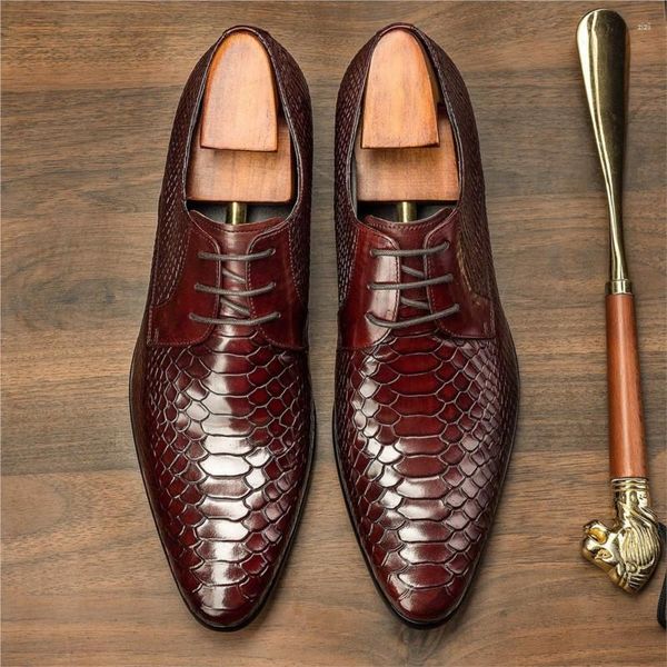 Zapatos de vestir Hombres de lujo Oxford Burdeos Patrón de serpiente Estilo clásico Cuero genuino Con cordones Punta estrecha Zapato formal