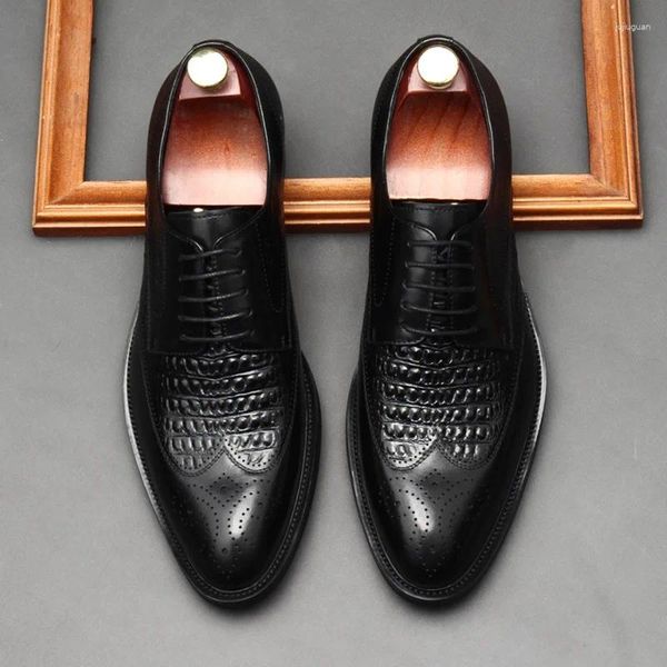 Zapatos vestidos de lujo para hombres de cuero genuino patrón de cocodrilo oxfords encaje al negocio de bodas de estilo italiano formal para hombres