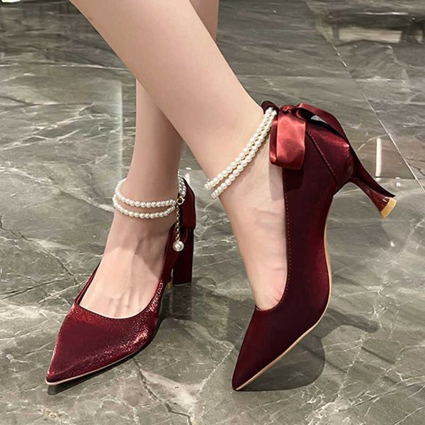 Chaussures habillées de luxe perle bride à la cheville pompes femmes 2022 automne bout pointu rouge talons hauts chaussures femme soie nœud papillon mince talon parti chaussures 221224