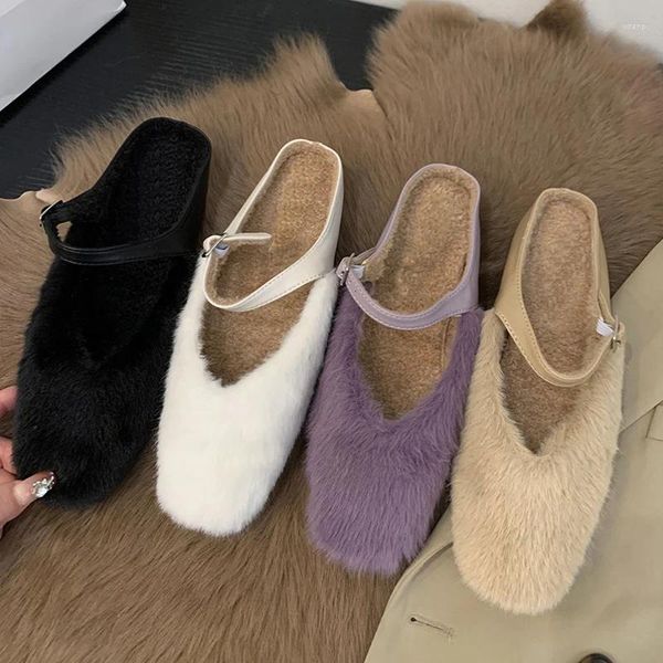 Zapatos de vestir Lujo Púrpura Piel Mula Diapositivas Mujer Moda Almendra Toe Peluche Ballet Pisos Damas Invierno Elegante Furry Tarde Fiesta Tacón