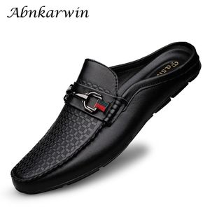 Kleding schoenen luxe schoenen merk ontwerper zomer echt lederen casual slip op halve schoenen voor mannen loafers flats slippers voor smalle dunne voet 230814