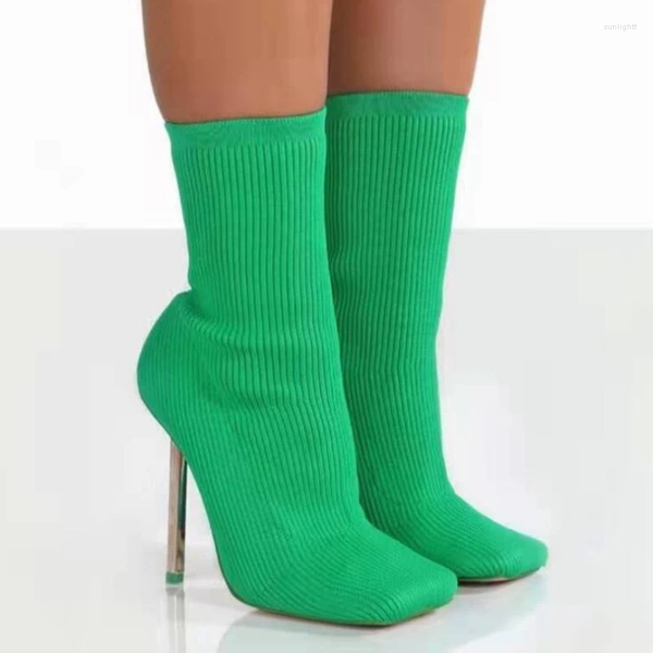 Zapatos de vestir de lujo con punta cuadrada, calcetines de punto de aguja sexy, botas de tacón alto elástico para mujer, tubo medio, moda para todos los partidos