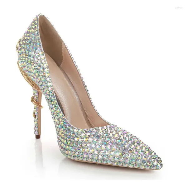 Zapatos de vestir MA0363 Otoño e invierno Bombas de cuero Tacones altos Mujer Color de lujo Diamantes Puntiagudos Serpiente Boda Dama de honor Mujer