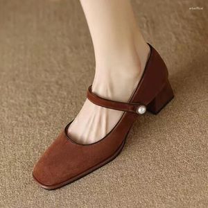 Chaussures habillées Marie Janes Mid Talons Automne Square Toe Femmes 2024 Designer Fad Chunky Shallow Party Pompes Mujer Zapatos