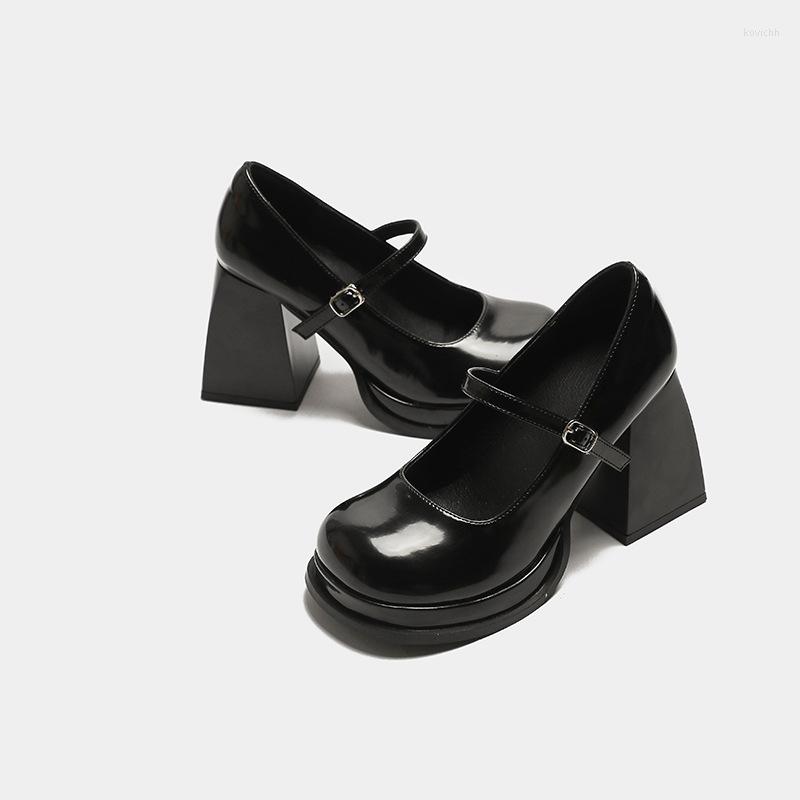 Elbise ayakkabıları Mary Jane Blok Topuk Yüksek Yuvarlak Kafa Kadın Patent Deri Siyah Topuklu