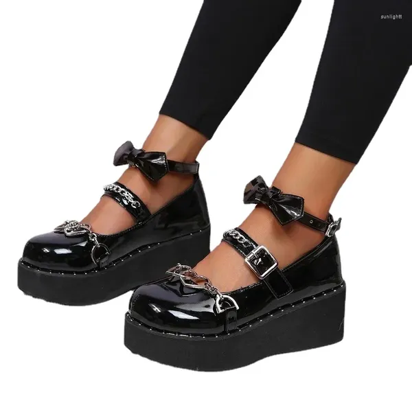 Robe chaussures Mary Jane pompes sur talons lolita mode gothique femmes élégantes coin noeud papillon rock rose noir kawaii école cheville sangles