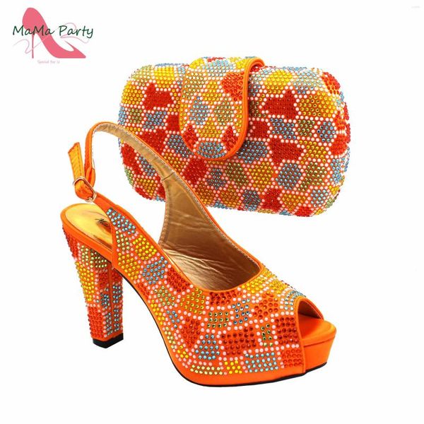 Chaussures habillées de style mature femmes italiennes et sac à assortir en couleur orange sandale à bride arrière en cristal brillant avec plate-forme pour la fête