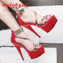 Jurk schoenen mclubgirl 15cm hakken heldere lak lederen open teen dames sandalen Super High Red Dance Club Model Romeinse LYP