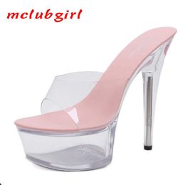 Chaussures habillées mclubgirl 2022 Modèle sexy super 15cm slim talons hauts plate-forme diapositive transparente marine en cristal lfd h240527