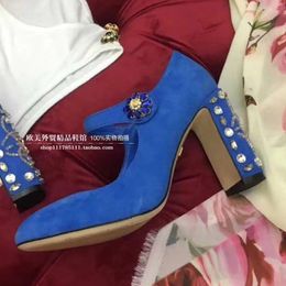 Dress Shoes McNabney 2024 Women Retro Velvet Buckle Thick Heel Wedding Genuine Leather Diamond High Heels Hand Made 34-43