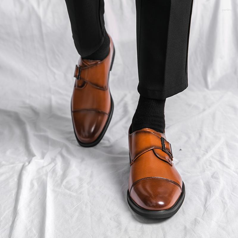 Dress Shoes Men Brown Black Buckle Strap Square Toe Loafers Handmade For With Zapatos De Hombre