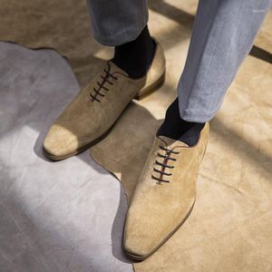 Dress Shoes Men Formele leer echte veter Khaki Geel hoogwaardige mode Wedding Oxford Suede Shoe Man