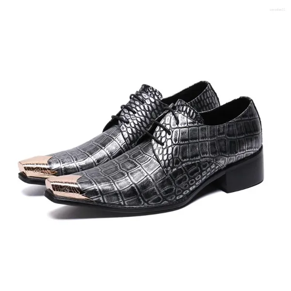 Zapatos de vestir Hombres Cuero genuino Metal Cuadrado Punta de acero Oxfords Boda Patrón de cocodrilo negro Lace Up Formal