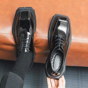 Dress Shoes Men Leather Square Toe Lace Up Platform Flats Business Patent Black Wedding Oxford Formal