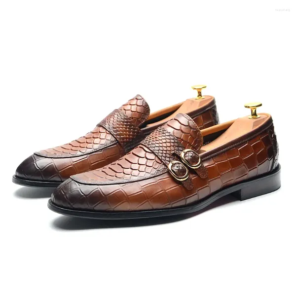 Zapatos de vestir para hombres de grano de grano completo de cuero de cuero doble hebilla de hebilla patrón de cocodrilo de mocasines marrón negro boda formal