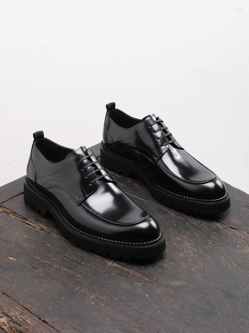 Zapatos de vestir de cuero genuino para hombre, plataforma con punta redonda, brillante Derby