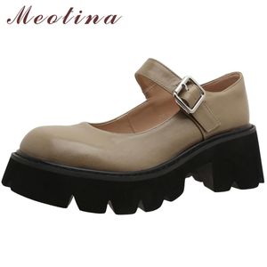 Jurk Schoenen Meotina Lederen Mary Janes Platform Blok Hoge Hakken Ronde Teen Pumps Dames Gesp Strap Lady Footwear Black