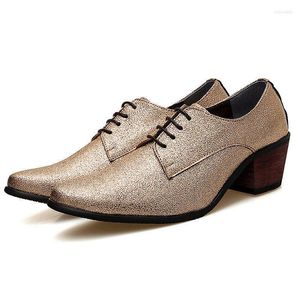 Kledingschoenen Merkmak Men Oxford Veter-up puntige teen hoge hakken goud zilveren bruidegom bling glitter party fotwear