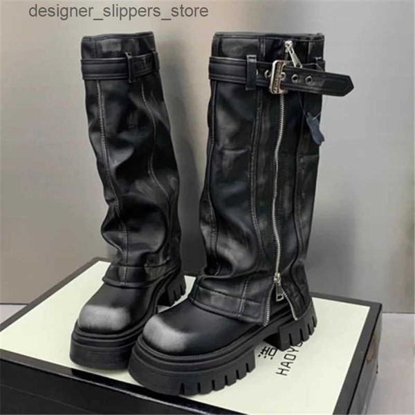 Zapatos de vestir Decoraciones de metal Cinturón Hebilla Punta cuadrada Rodilla Botas altas para mujer Cremallera Fondo grueso Tacones altos Nuevo Popular Ins Punk Zapatos femeninos Q240316