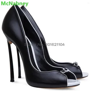 Dress Shoes Metal Thin High Heel Peep Teen Pumps voor vrouwelijke vrouwen eenvoudige elegant ontwerp slip-on ondiepe zwart/witte maat 45 sexy schoen