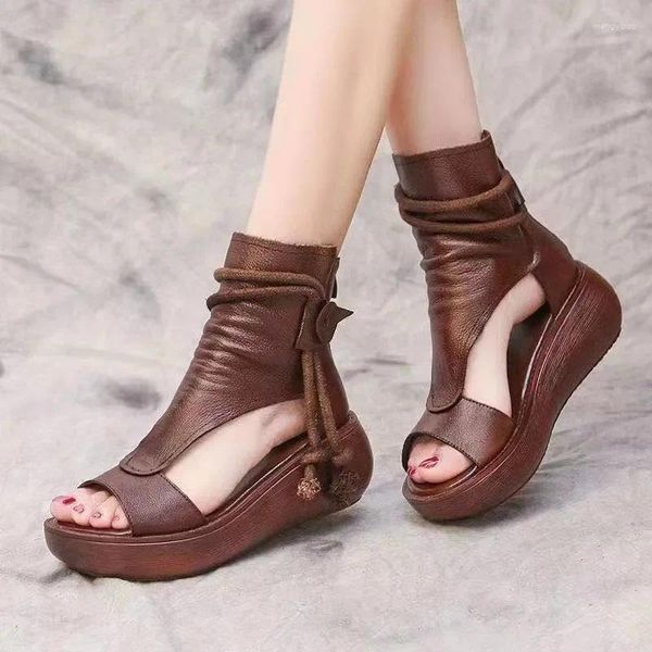 Zapatos de vestir Tacones medios Cuñas Mujeres Vintage Cuero Botas frescas Moda Sandalias con cremallera trasera Correa para mujer Sandalias casuales Primavera Verano