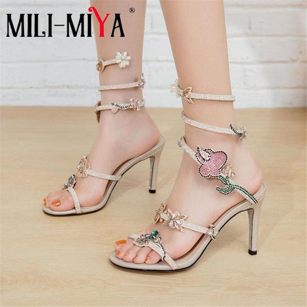 Chaussures habillées MILI-MIYA strass bride à la cheville sandales Leggings femmes romain talons hauts Sexy cristal fleurs poisson bouche fête