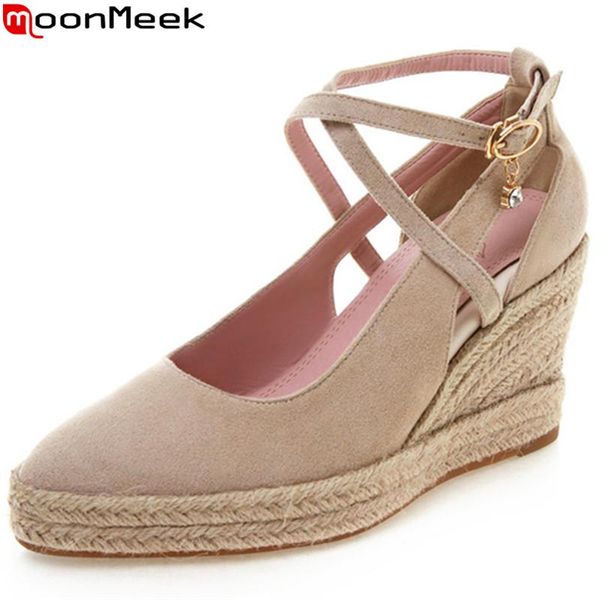 Zapatos de vestir MoonMeek Tamaño grande 33-41 Moda Primavera Mujer Punta puntiaguda Bombas poco profundas Mujeres Flock Cuñas Tacones altos