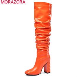 Kledingschoenen morazora big size 45 dames knie high laars square teen slip op herfst winter hakken feest nachtclub vrouw 230816