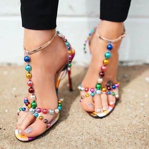 Zapatos de vestir Sandalias de tacón alto con tira en T de PVC transparente con cuentas multicolores Tacones de gladiador de cuero estampado a cuadros sexy Banquete