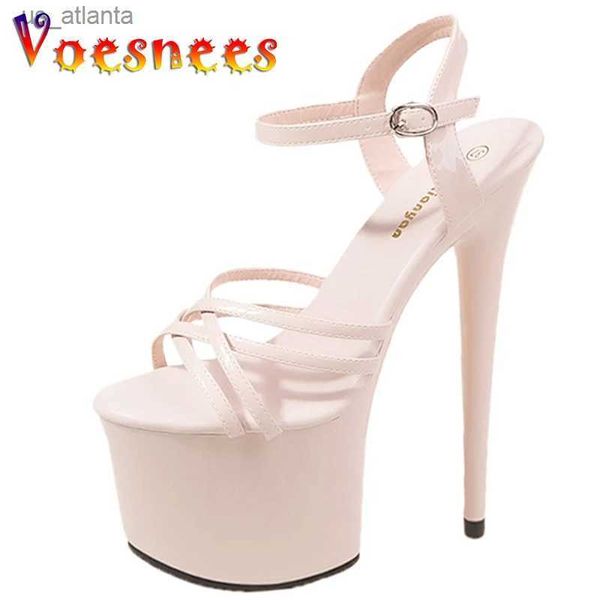 Zapatos de vestir desnudos 17 cm Sandalias de tacón alto Cruz Banda delgada Sexy Mujeres Verano 2023 Modelos Pasarela Show Plataforma Tacones Danza H240325