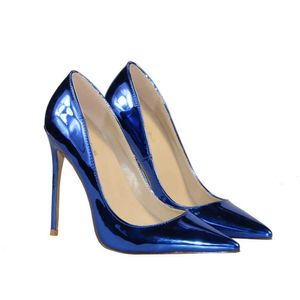 Kledingschoenen nieuw aankomen Shinning Blue Women Sexy Stilettos Wedding 12/10/8cm High Heel Party Pointed Teen Pumps H240423