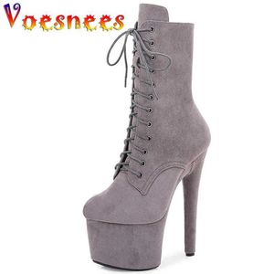 Chaussures habillées Nouveau Gris Blanc Peep Toe 7 pouces Super Stiletto Flock Lace Up Low Tube Bottines 17CM Stripper Pole Dancing Sexy Fetish H240325