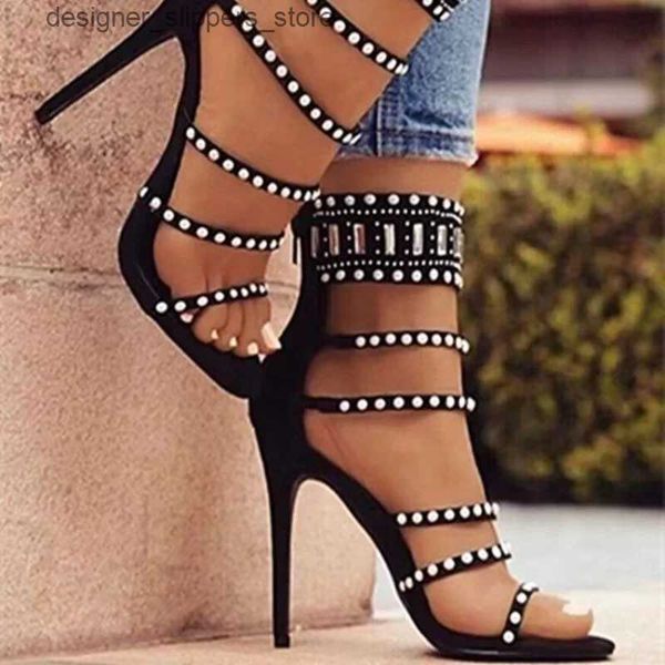 Chaussures de robe Nouveau Femmes Gladiator Sandales Sexy Bout Ouvert Diamant Chaud Perle Bracelet Sac Backstrap Fermeture À Glissière Mince Talon Haut Chaussures Romaines Q240314